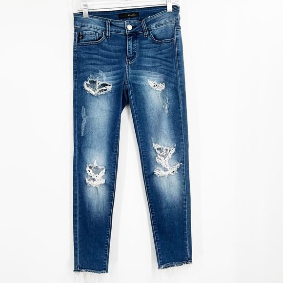 Kancan Mid-Rise Distressed Skinny Jeans Raw Hem - Picture 1 of 7